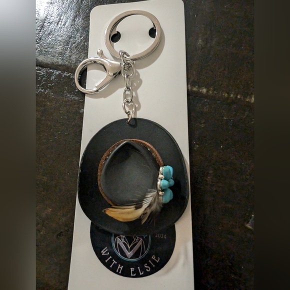 Black Mini Keychain Western Cowboy Hat Black and Turquoise Feather Key Holder - Picture 3 of 9